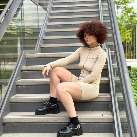 Beige Ribbed Long sleeve Playsuit